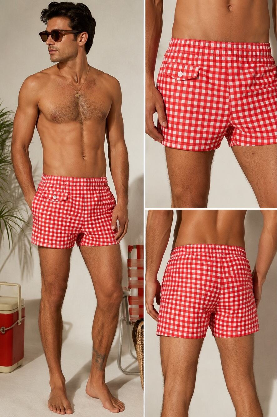 Hammies Gingham Cabana Red Trunk Short 36 Lined Swim Casual Retro Preppy Coastal